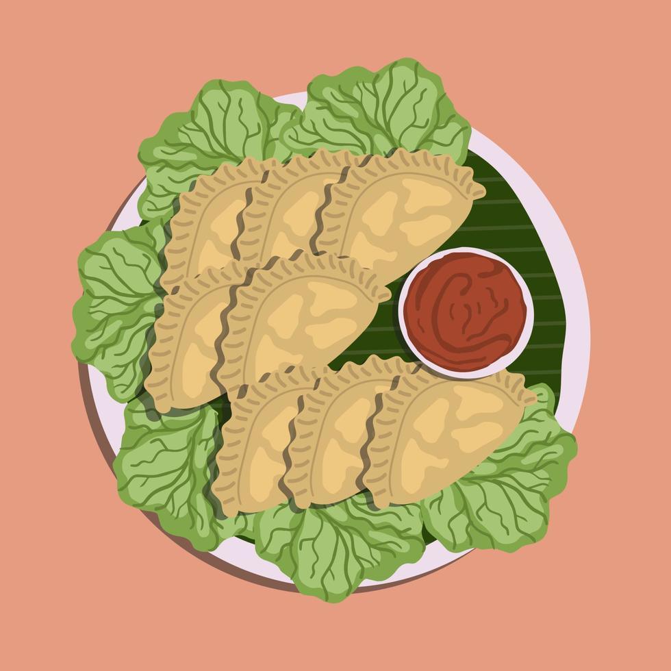fried pastels atau pastel goreng are a kind of pastry made by placing the stuffing on top of the dough, then folded and tightly closed. Pastels can taste sweet or savory. Food illustration cartoon. vector
