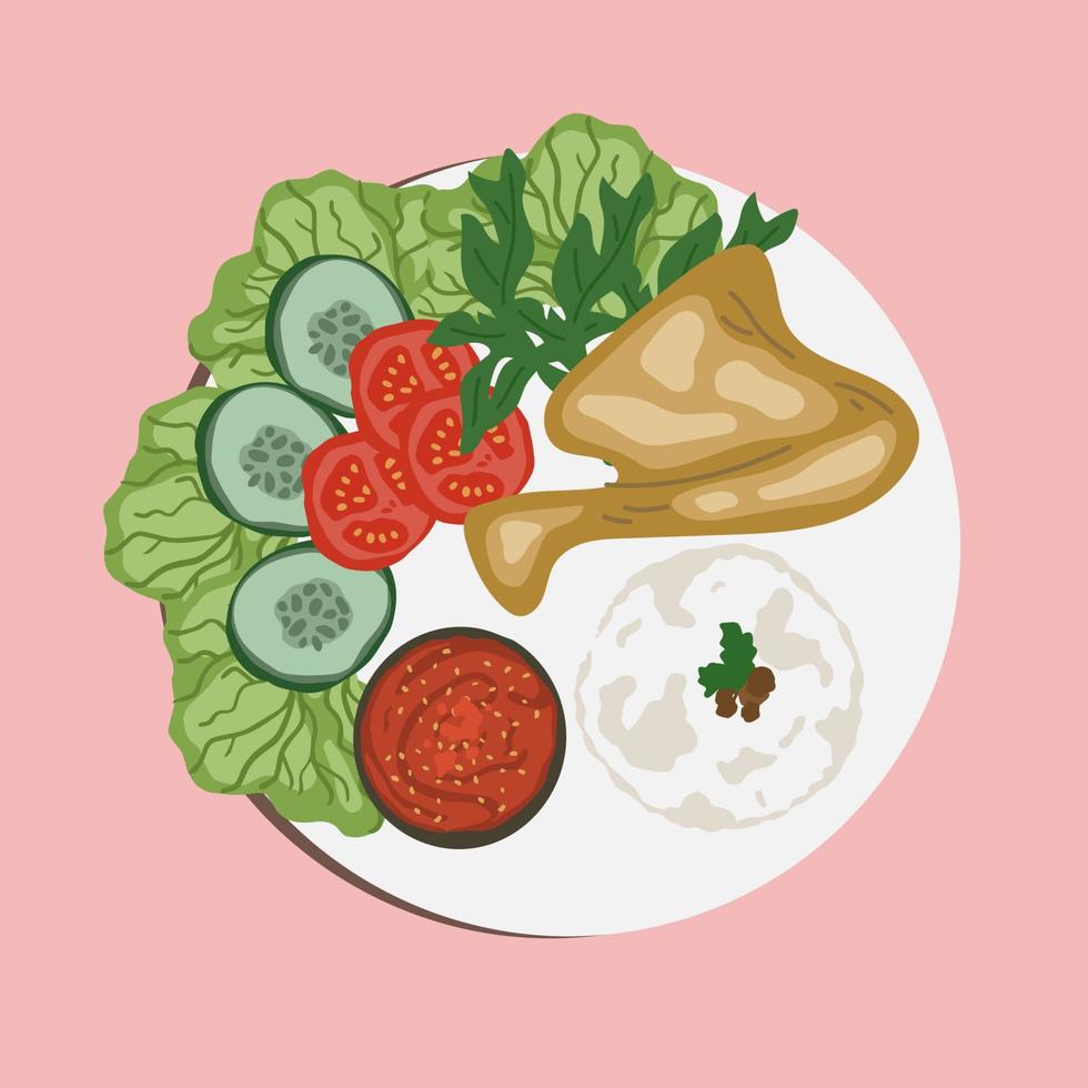 Pecel Ayam or Ayam Penyet is a traditional Indonesian fried chicken with fresh vegetable and chili sauce, served in clay plate, isolated on white plate, top view. Food illustration cartoon vector