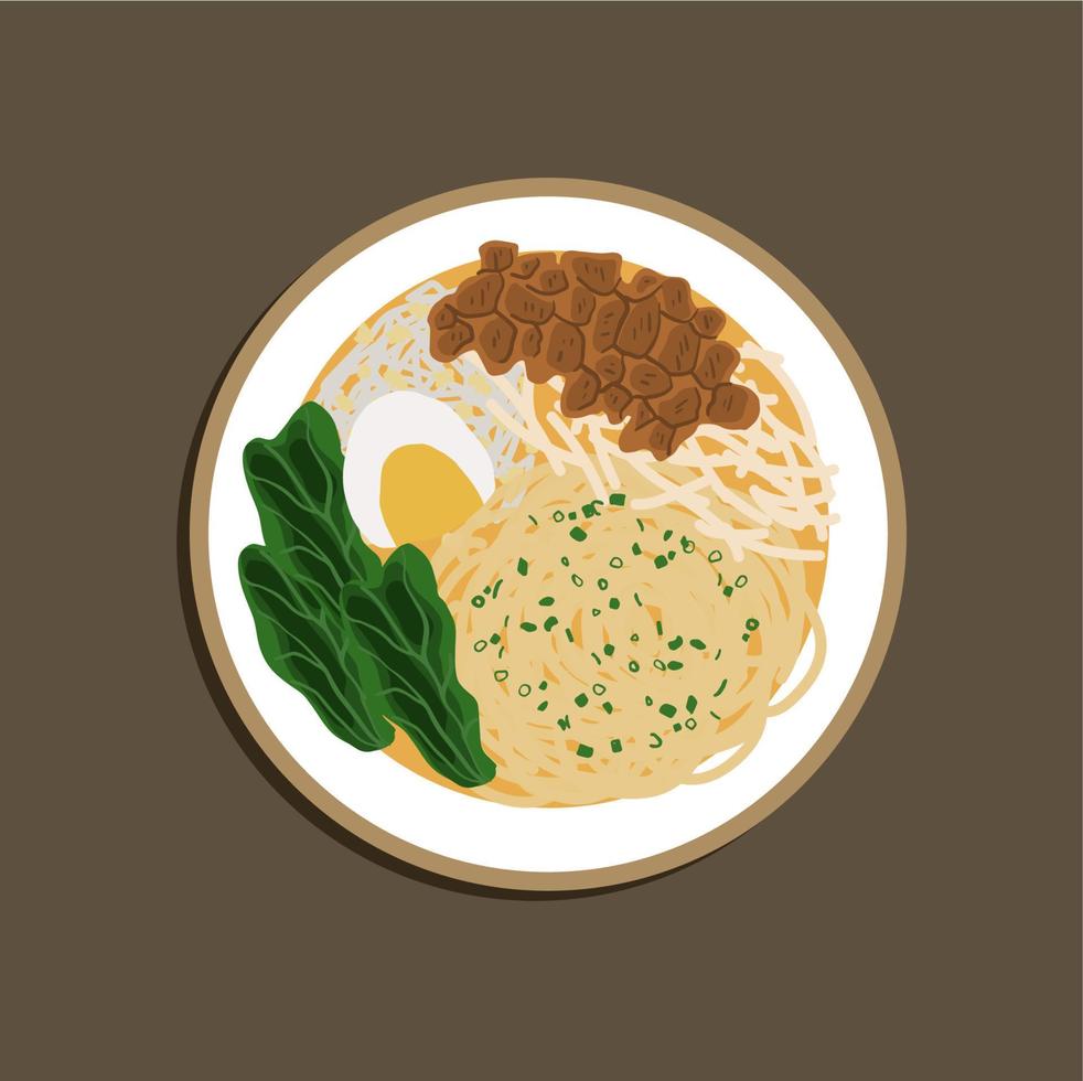 Japanese ramen soup with chicken, egg, chives and sprout on white bowl. Food illustration, Food cartoon. vector