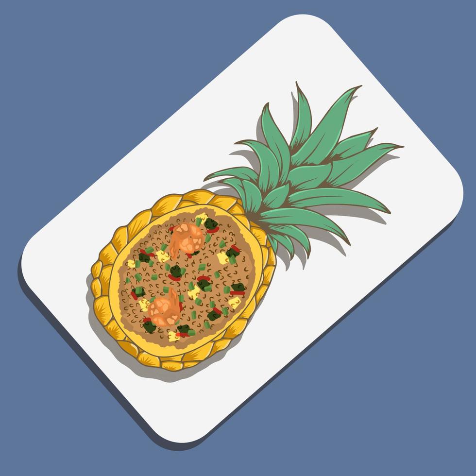 Thai Pineapple Fried Rice or Kao Pad Sapparod in cutted pineapple bowl on gray concrete background. Kao Pad Sapparod is a Thai Cuisine dish. Thailand meal. Asian Food. Food illustration vector