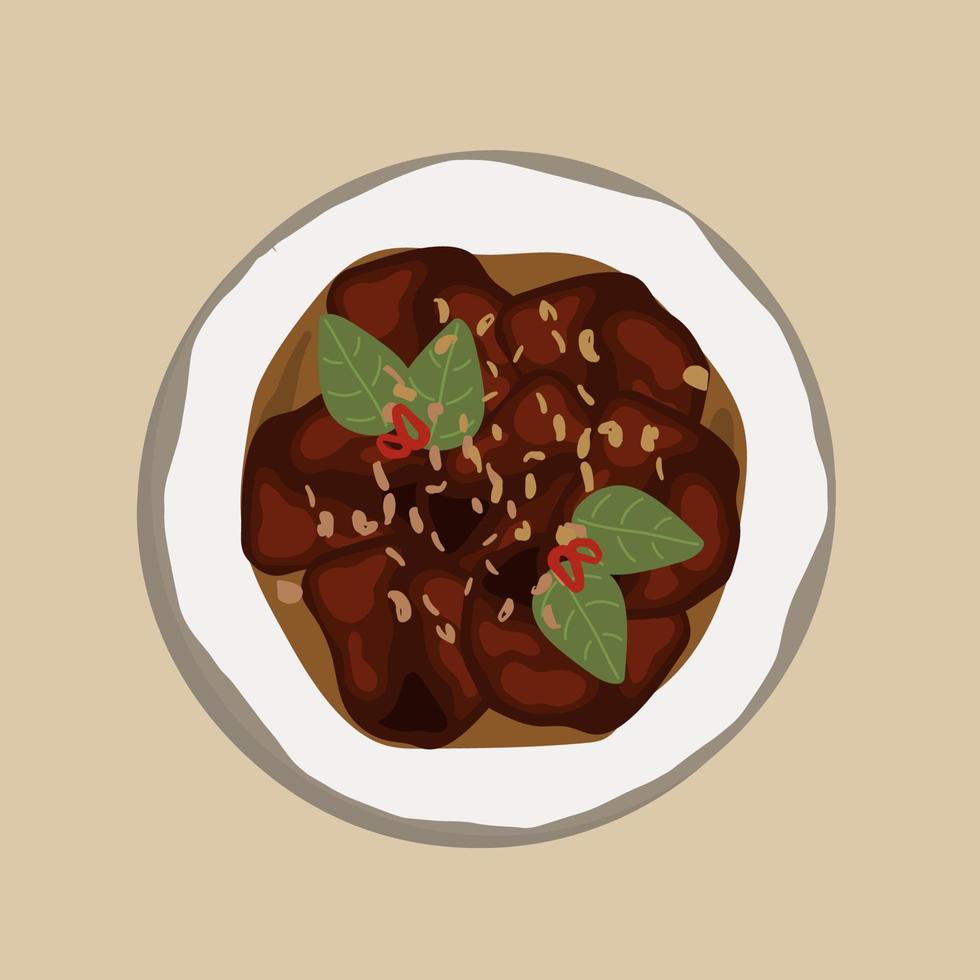 Rendang Daging Sapi or Beef stew traditional food from Padang, Indonesia. The dish is arranged among the spices and herbs used in the original recipe like chili, lemongrass onion. Food illustration vector