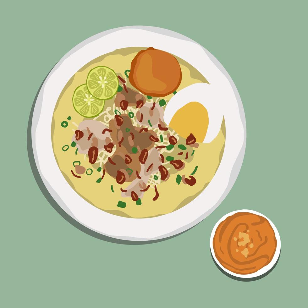 El pollo soto o soto ayam en indonesia es un plato tradicional indonesio que utiliza ingredientes como pollo, fideos, brotes de soja con cúrcuma como ingrediente principal. ilustración de comida, caricatura de comida vector