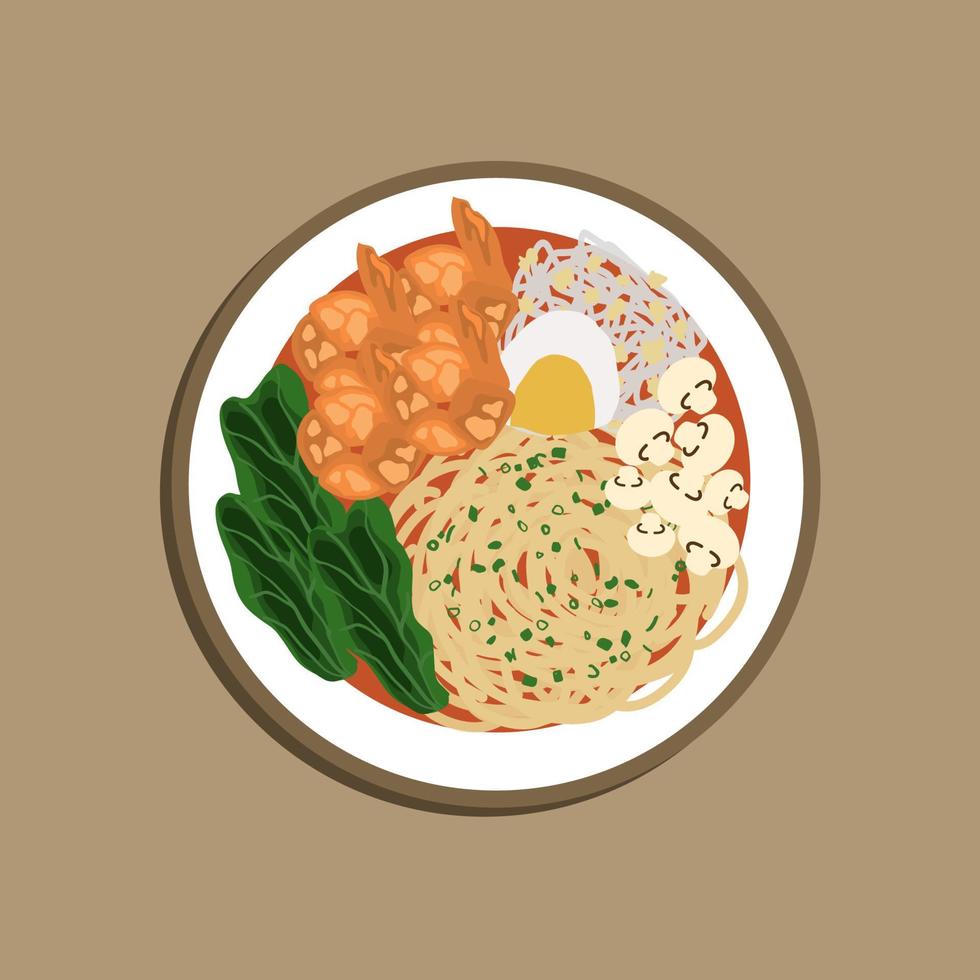 Sopa de fideos pho instantánea vietnamita con filete y falda de res, lima, albahaca, cilantro, cebollas verdes, chile, salsa hoisin, salsa sriracha. ilustración de comida, caricatura de comida. vector