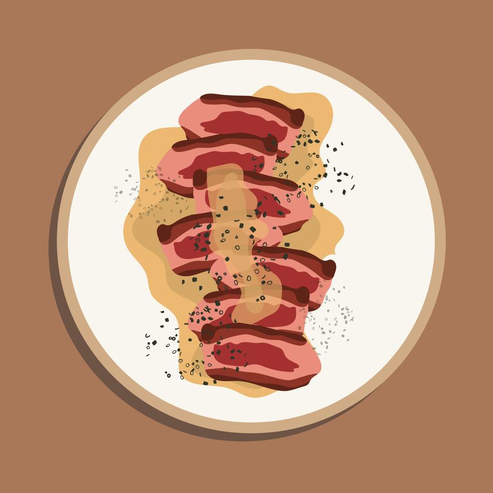 bistec de ternera en rodajas a la parrilla con tomates y romero en un plato aislado en la vista superior del plato blanco. ilustración de comida, caricatura de comida. vector