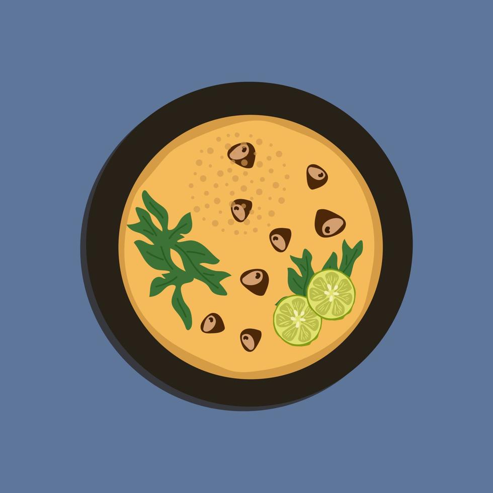 Soup Tom Kha Gai with chicken and ingredients for cooking, coriander, chili pepper, lime leaves, lemongrass on a black plate, top view. Thai spicy soup with coconut milk. Food illustration, cartoon vector