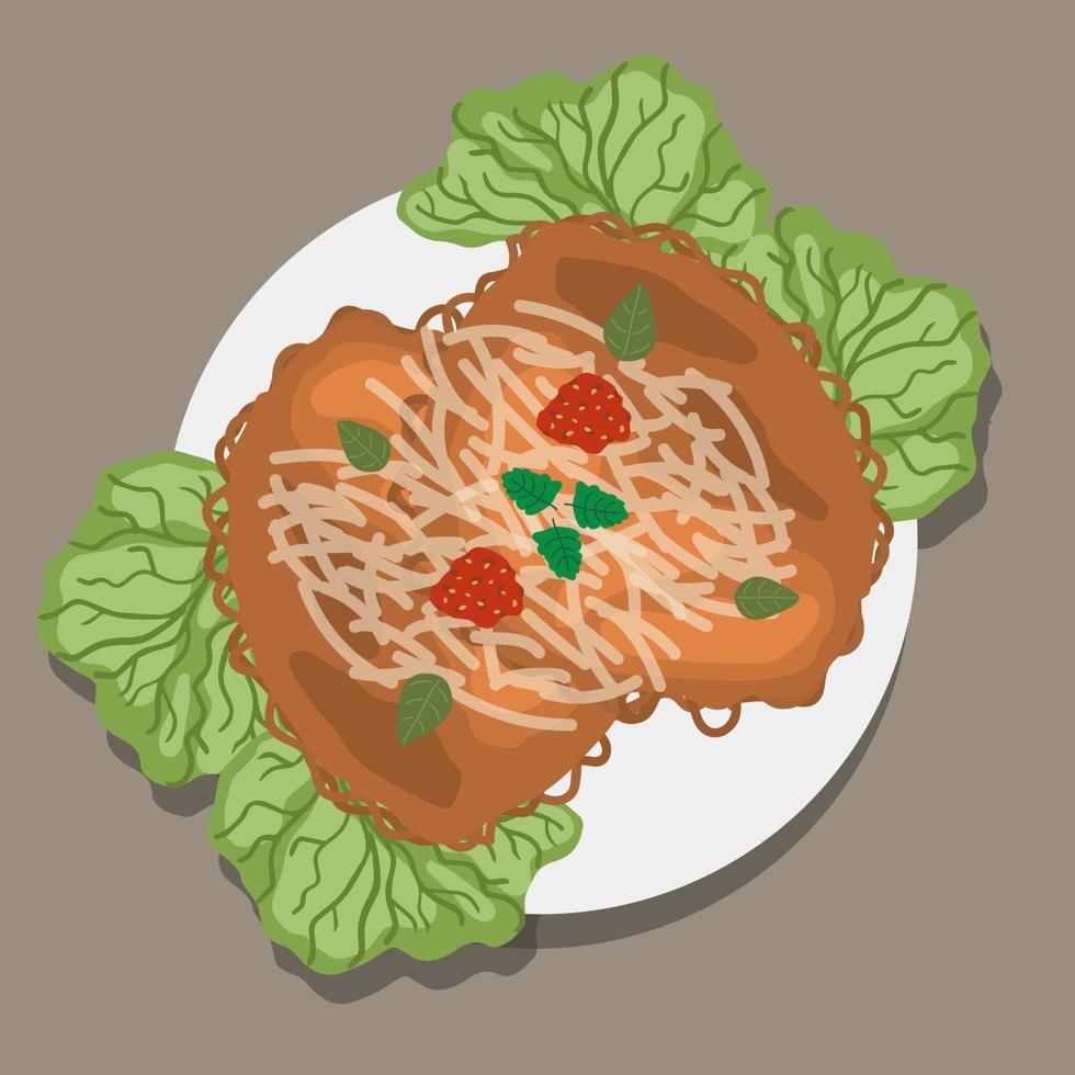 Traditional Thai food, fried, spicy, minced catfish salad, yam pla duk foo. Food illustration, food cartoon vector