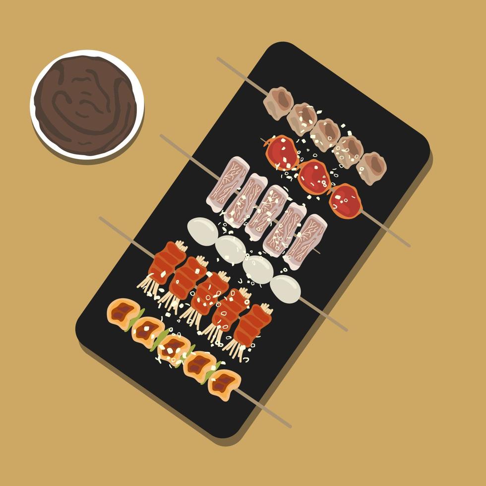 Yakitori or Japanese chicken barbecue. Japanese chicken grill or yakitori serve in izakaya style restourant set on Japanese style dish with flash lighting. Food illustration, Food cartoon. vector