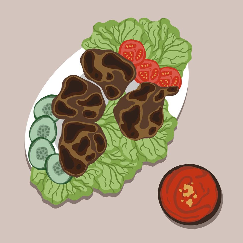 Top view of Bakakak Hayam or Ayam Bekakak or Grilled Whole Chicken with seasonings plus soy sauce, a dish from West Java and Jakarta, Indonesia. Usually served to brides at weddings. Food illustration vector