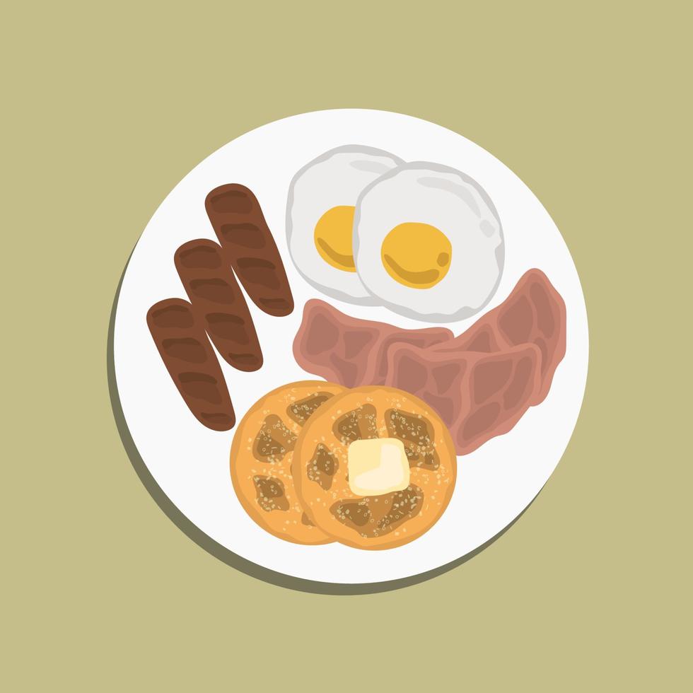 desayuno americano completo en madera, vista superior, espacio para copiar. huevos fritos, tocino asado, hash brown, panqueques, jugo de naranja y café para el desayuno. vector