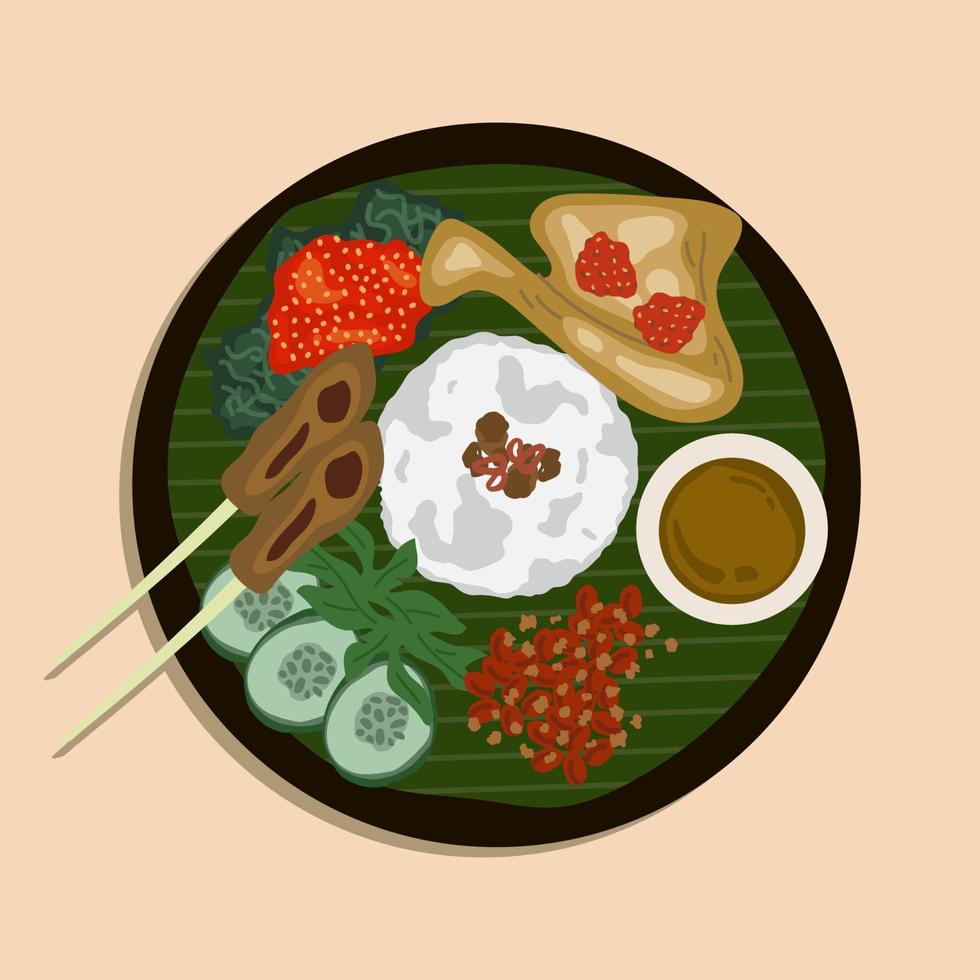 Balinese Indonesian food, Ayam Betutu. Whole chicken filled with Balinese seasoning cassava leaves, wrapped in banana leaves and steamed. Served with Sambal Matah and Roasted Peanut. Food illustration vector