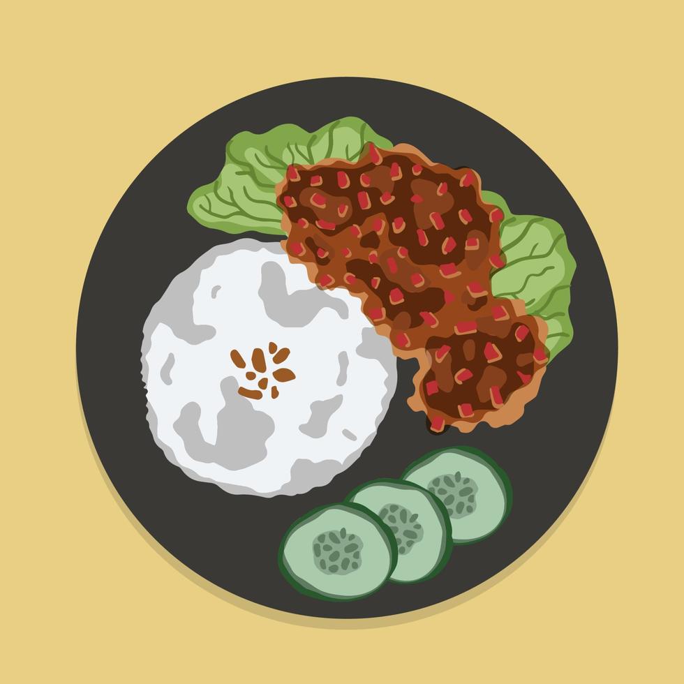 Ayam Geprek Indonesian Food crispy fried chicken with hot and spicy sambal Chili Sauce Served Steam Rice recipe.Currently ayam geprek found in Indonesia and neighbouring countries, Food illustration vector