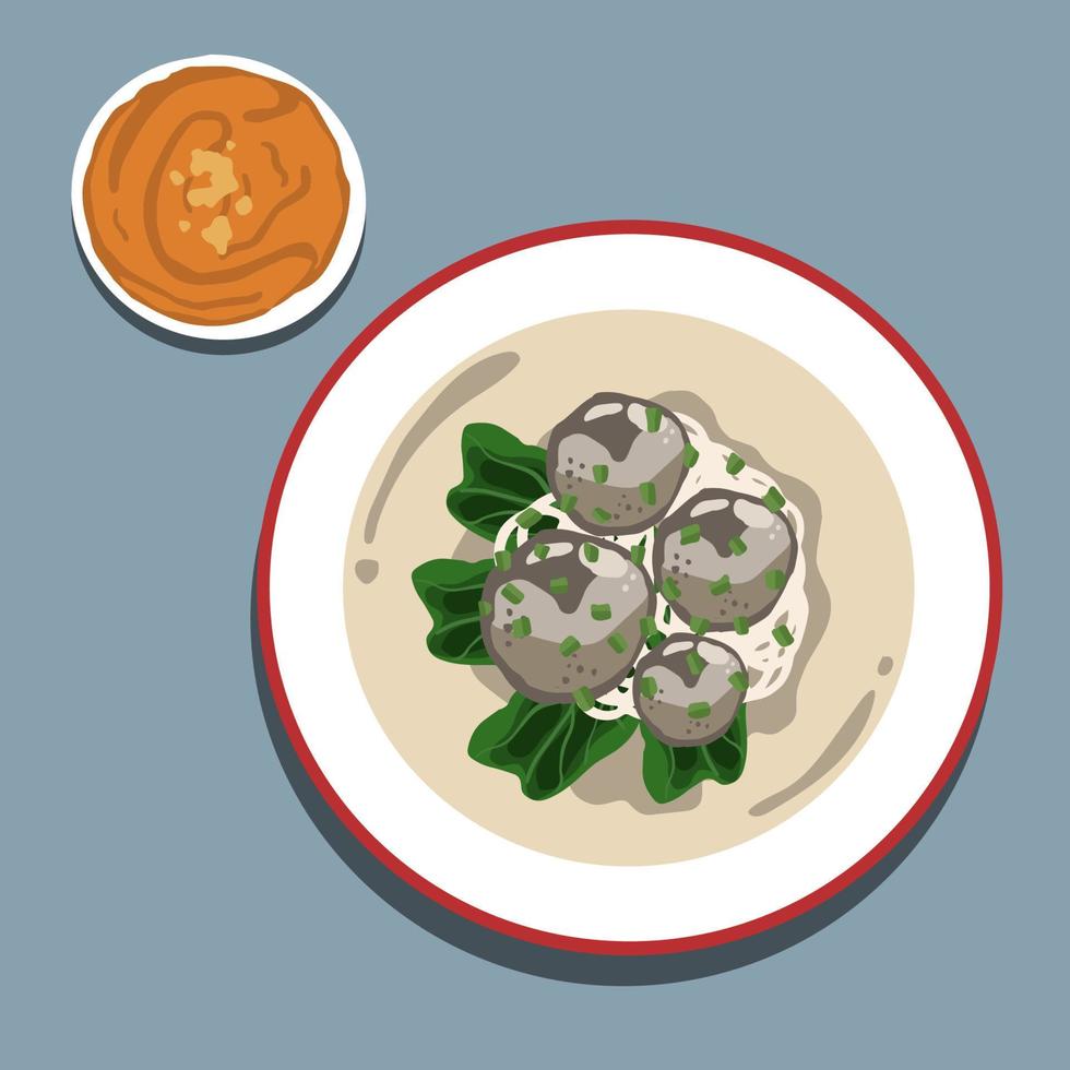 Bakso or baso is an Indonesian meatball, Its texture is similar to the Chinese beef ball, fish ball, or pork ball. The word bakso refer the complete dish of beef broth soup, noodle, tofu and bok choy. vector