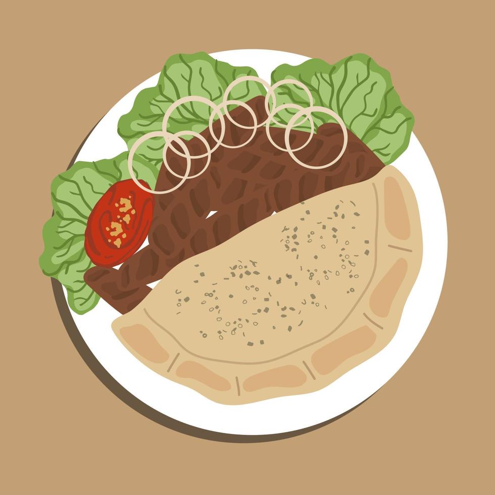 Traditional deep fried cevapcici meat patties seasoned with paprika served with savory rice and onion on an oval plate. Food illustration, Food Cartoon. vector