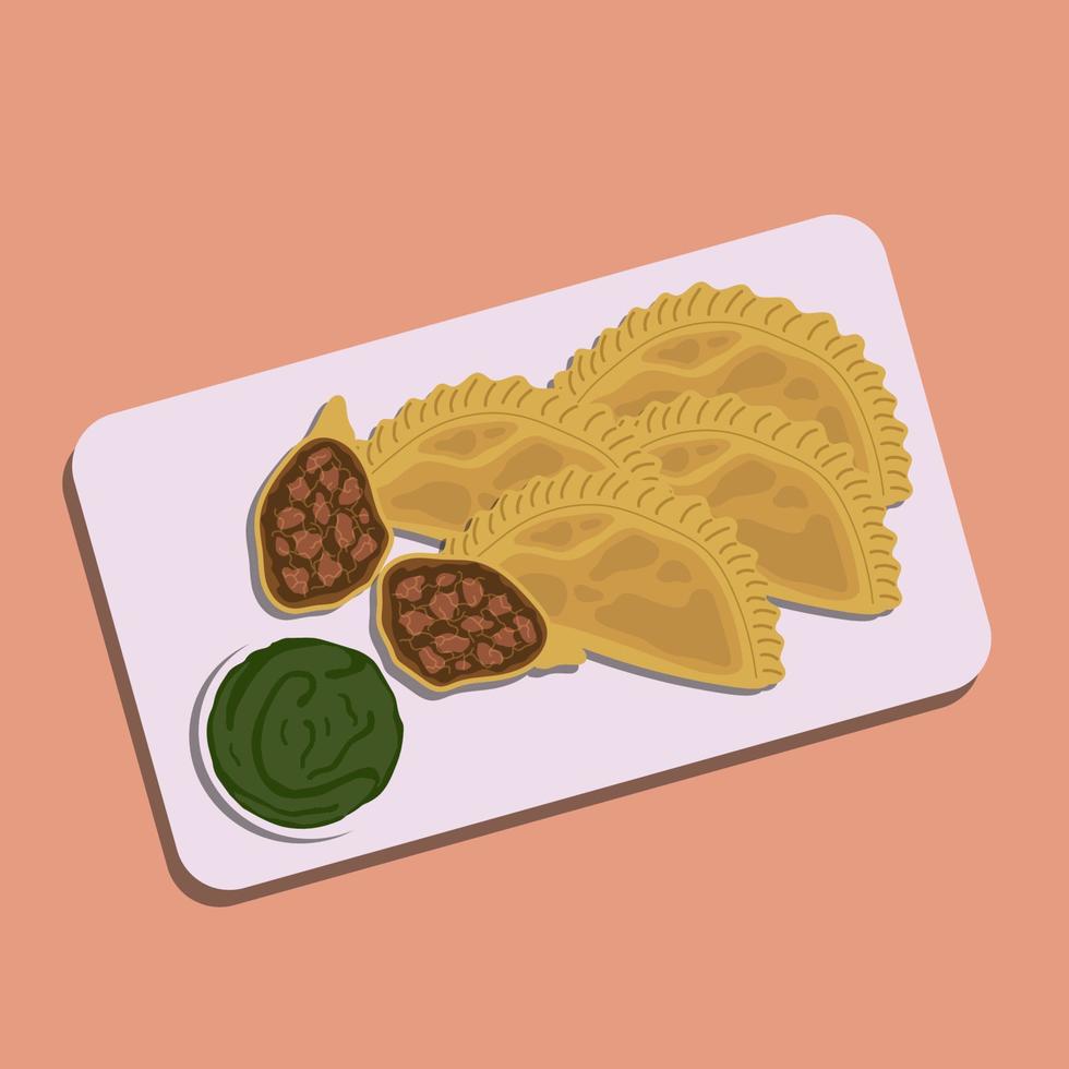 Traditional baked Argentine empanadas savoury pastries with meat beef stuffing against on plate. Food illustration vector. Food cartoon. vector