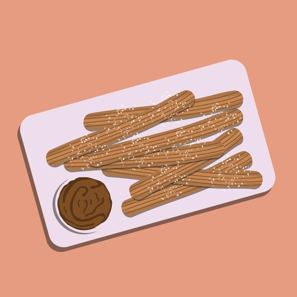 postre tradicional español churros - pasta choux frita con salsa de chocolate en un plato. vector de ilustración de alimentos. dibujos animados de comida