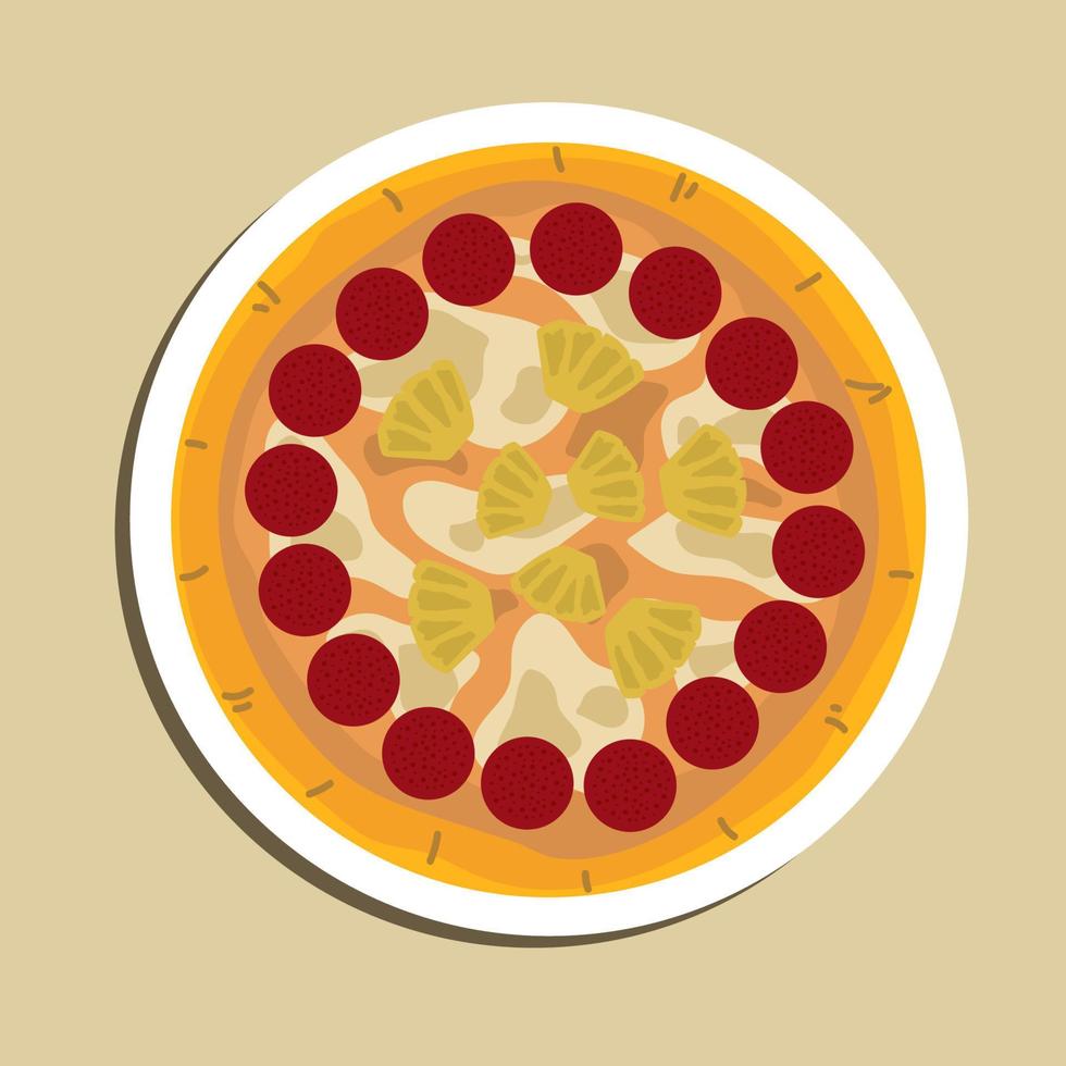 Tropical Hawaiian pizza with pineapple slices and ham on an oven-fired pastry base served whole on a board in a panorama banner with copyspace. Food illustration vector. Food cartoon. vector