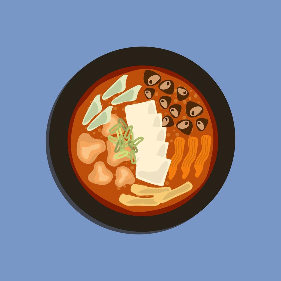 Vista superior de la comida coreana, kimchi de repollo chino en un plato negro sobre un plato negro. vector de ilustración de alimentos. caricatura de comida