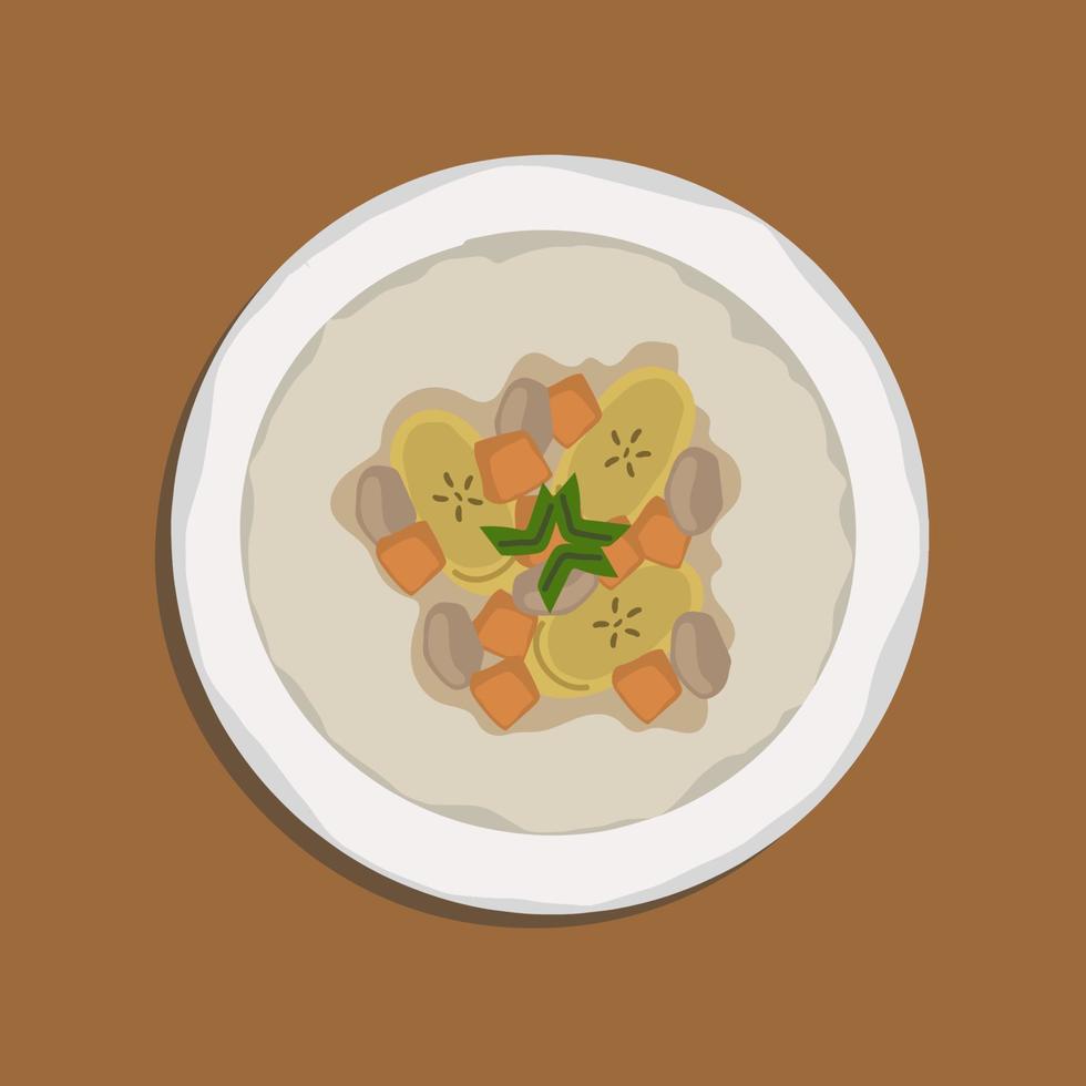 kolak pisang ubi, postre popular indonesio para takjil ramdan rompiendo el ayuno, sopa dulce hecha de plátano y batata. vector de ilustración de alimentos. caricatura de comida