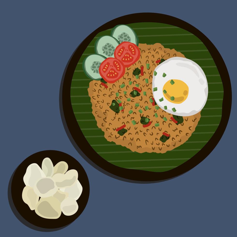 Nasi goreng fried rice with shrimps and egg garnished with fresh cucumber slices and prawn crackers on a plate on a cloth. Asian food. Food illustration vector. Food caroon vector