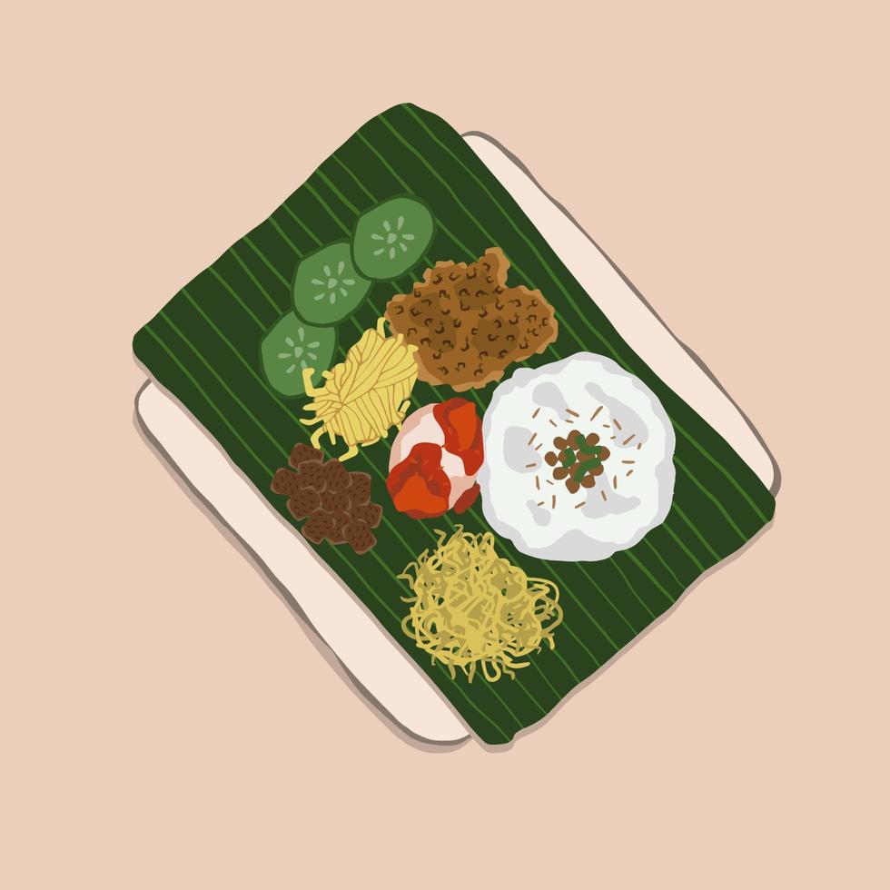 nasi uduk es un plato de arroz al vapor con coco de betawi, Yakarta. rematado con varios platos y sobre hoja de plátano. vector de ilustración de alimentos. dibujos animados de comida