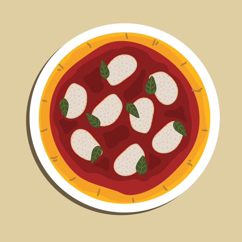 Pizza Margherita on white plate, top view. Pizza Margarita with Tomatoes, Basil and Mozzarella Cheese close up. vector