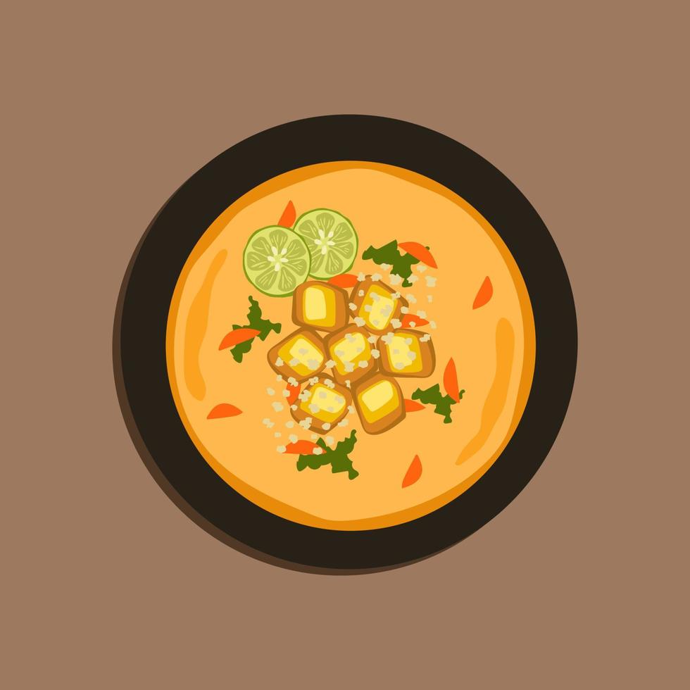 Chicken Massaman Curry in black bowl at dark slate background. Massaman Curry is Thai Cuisine dish with chicken meat, potato, onion and many spices. Thai Food. Top view. Food illustration vector