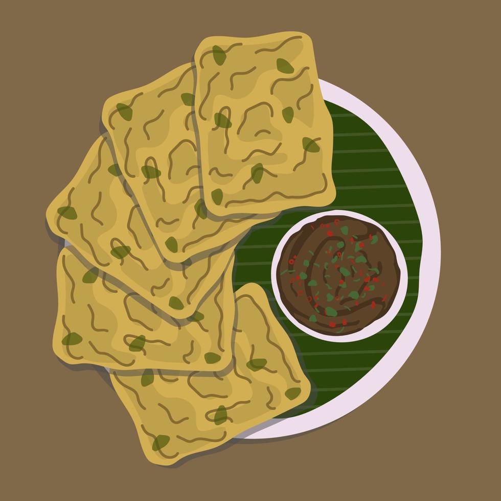 Tempe Mendoan is a traditional food made from tempeh covered in flour batter with a mixture of sliced leeks and spices. cooked by frying. Food illustration food. Food cartoon. vector