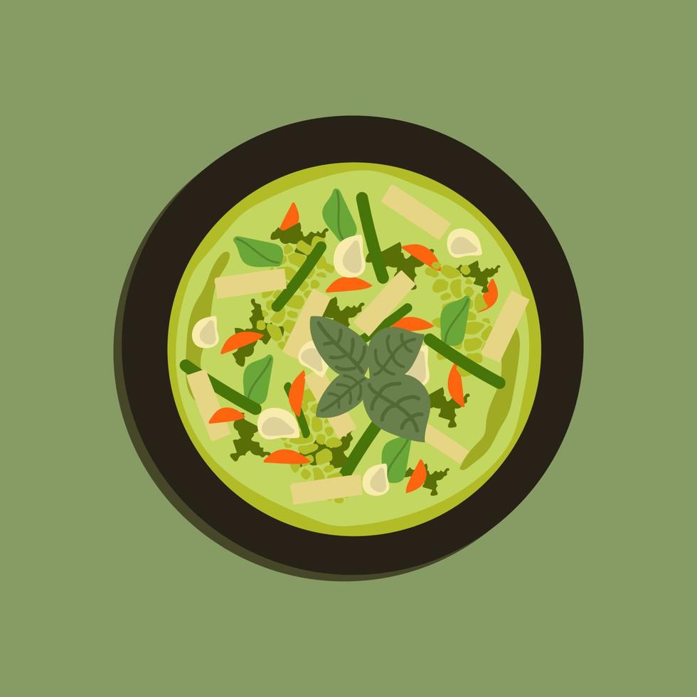 Thai food chicken green curry on black plate. top view. Food illustration vector. food cartoon. vector