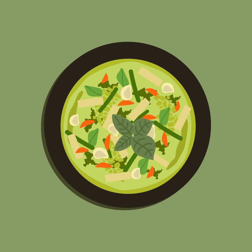 curry verde de pollo de comida tailandesa en plato negro. vista superior. vector de ilustración de alimentos. caricatura de comida