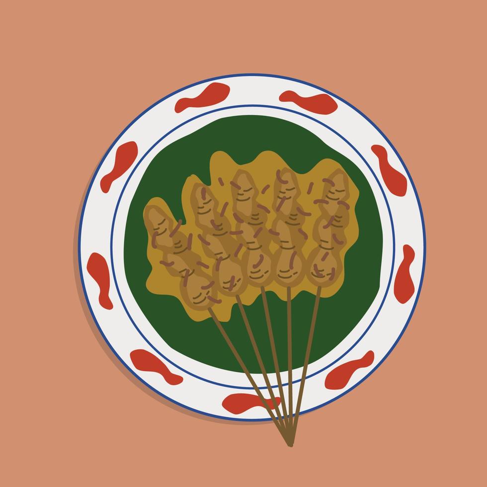 Sate Padang or satay padang is Spicy beef satay from Padang, West Sumatra. Served with spicy curry sauce and rice cake, lontong on banana leaf. isolated on plate. Food illustration, food cartoon. vector
