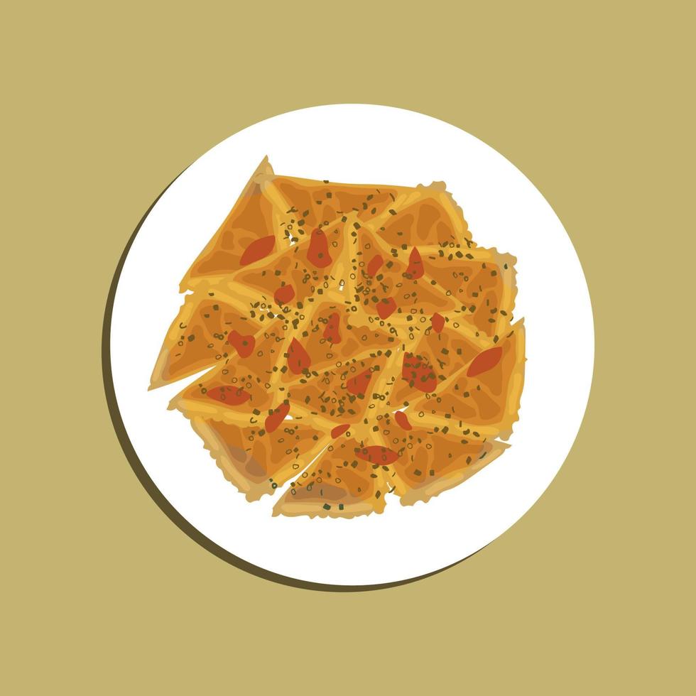 Ravioli stuffed with ricotta cheese cooked in creamy garlic mushrooms sauce and served on a plate on a concrete table with napkin and grated parmesan on white plate. Food illustration, food cartoon vector