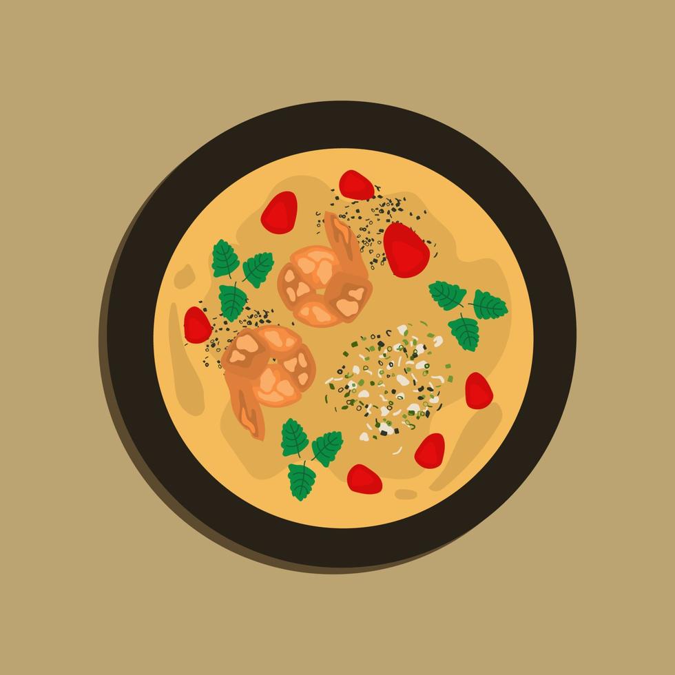 sopa tailandesa picante tom yam kung con camarones, mariscos, leche de coco y ají en el espacio de la copia del tazón. ilustración de comida, caricatura de comida. vector