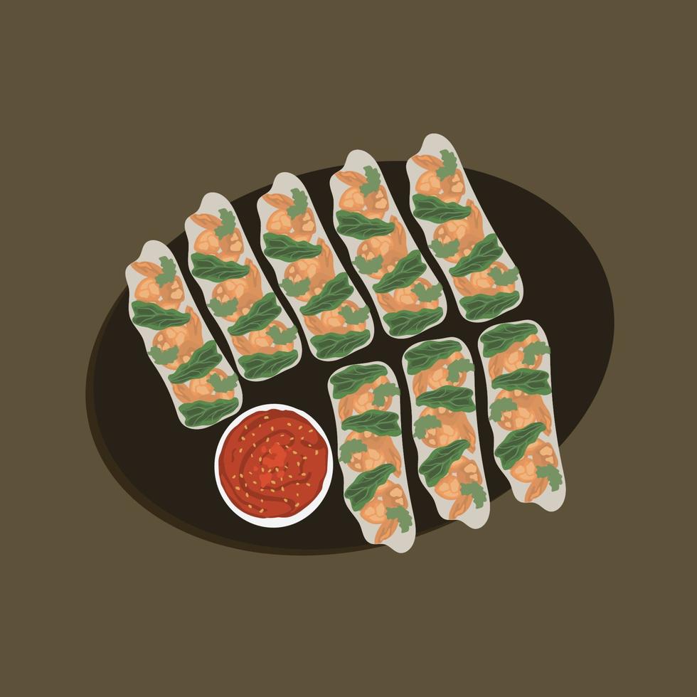 rollitos de primavera fritos, por pieer tod o rollitos de primavera fritos o bocadillos y bocadillos de rollitos de primavera tailandeses que son populares entre los tailandeses y chinos. ilustración de comida, caricatura de comida. vector