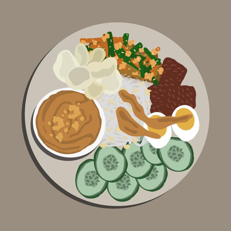 ilustración de comida, gado - gado o lotek en un plato blanco y mesa de madera. comida tradicional indonesia hecha de una mezcla de verduras hervidas mezcladas con salsa de maní para el diseño de carteles. vector