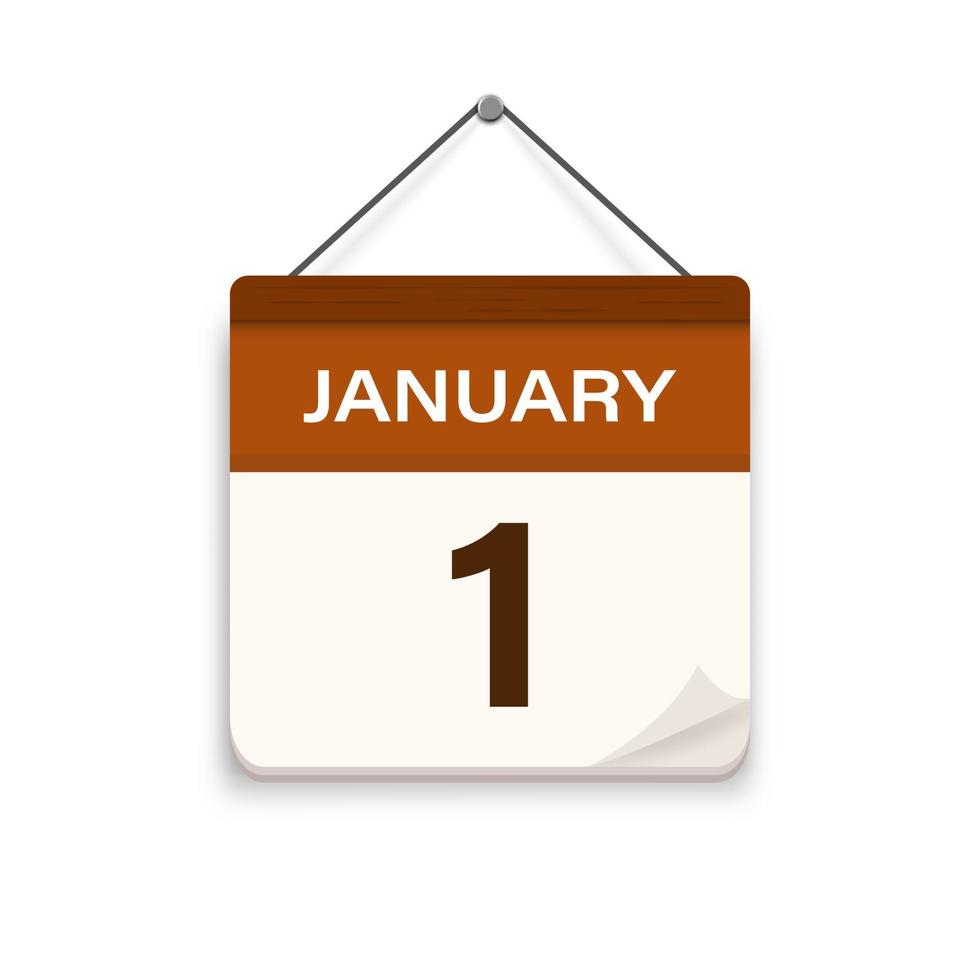 January 1, Calendar icon with shadow. Day, month. Meeting appointment time. Event schedule date. Flat vector illustration.