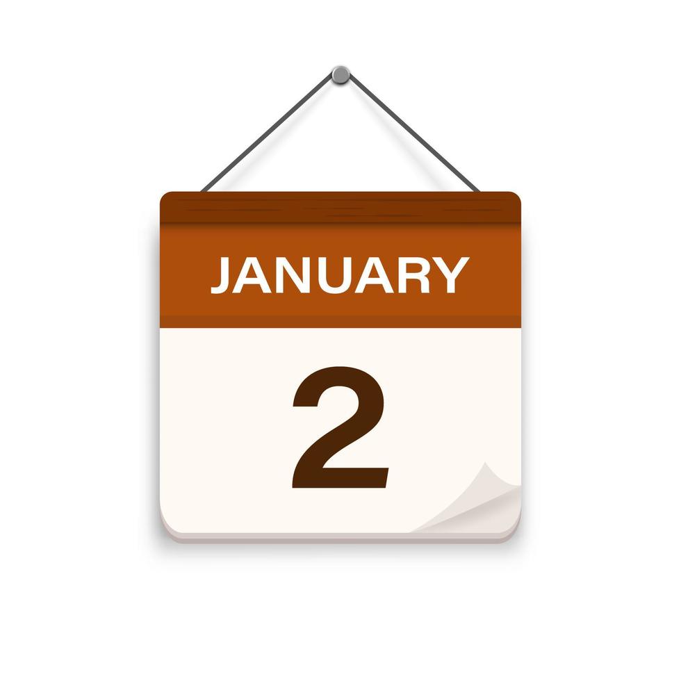 January 2, Calendar icon with shadow. Day, month. Meeting appointment time. Event schedule date. Flat vector illustration.