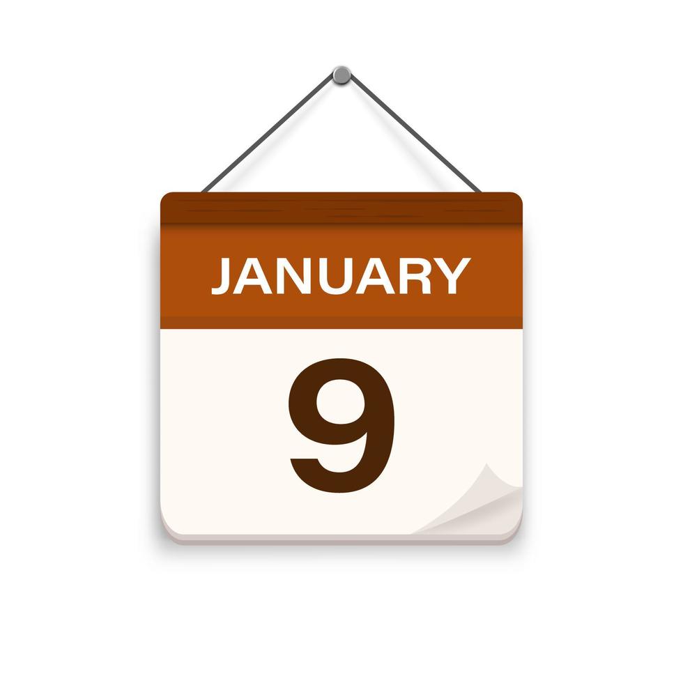 January 9, Calendar icon with shadow. Day, month. Meeting appointment time. Event schedule date. Flat vector illustration.