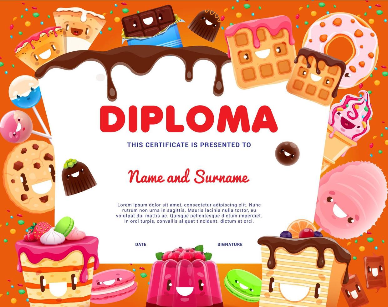 Kids diploma cartoon bakery, cookie, cake and pie vector