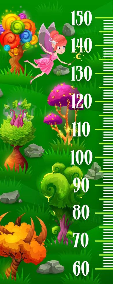 Kids height chart ruler, fairy in magic forest vector