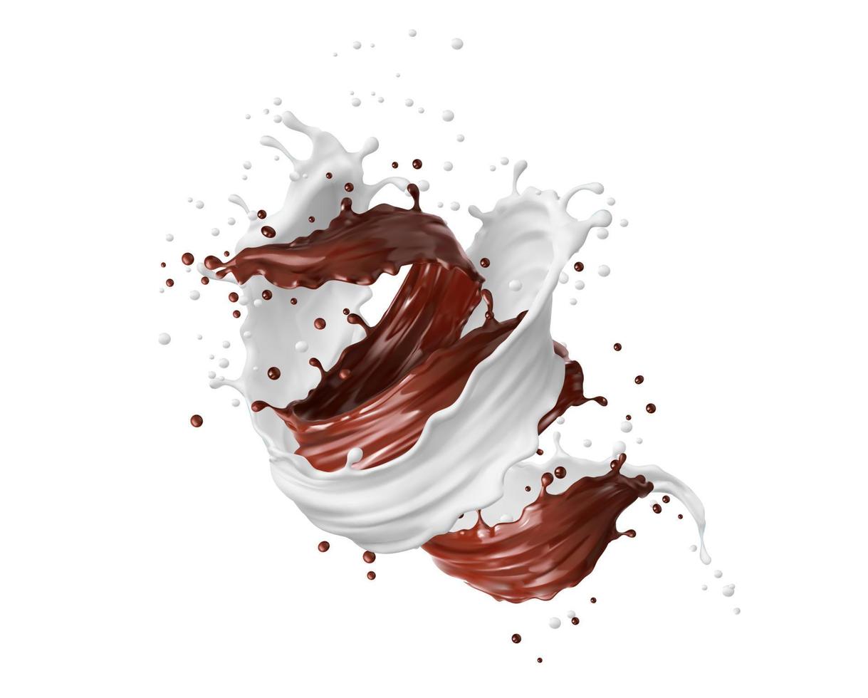 Milk and chocolate swirl splash, realistic twister vector