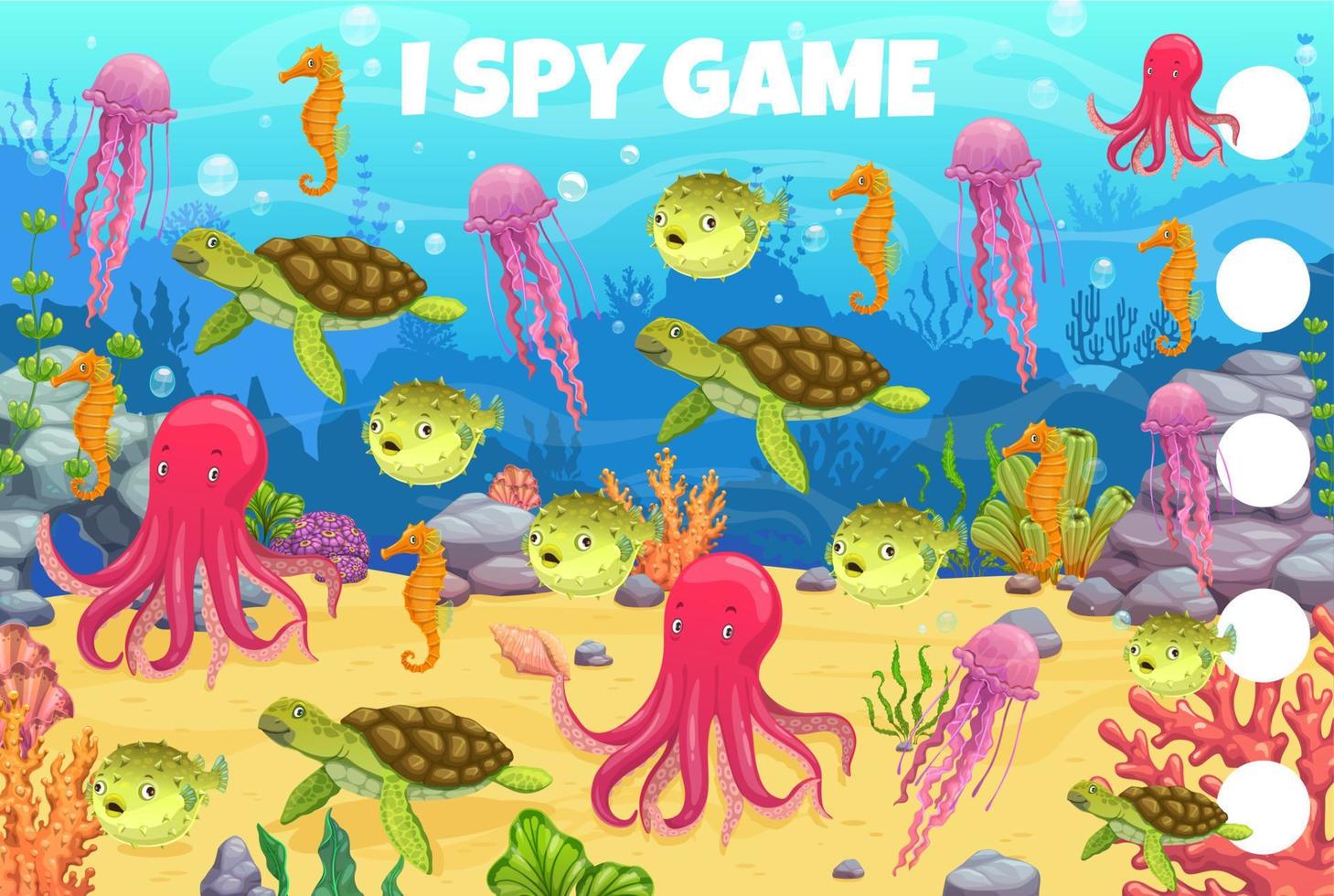 I spy game cartoon underwater landscape, animals vector