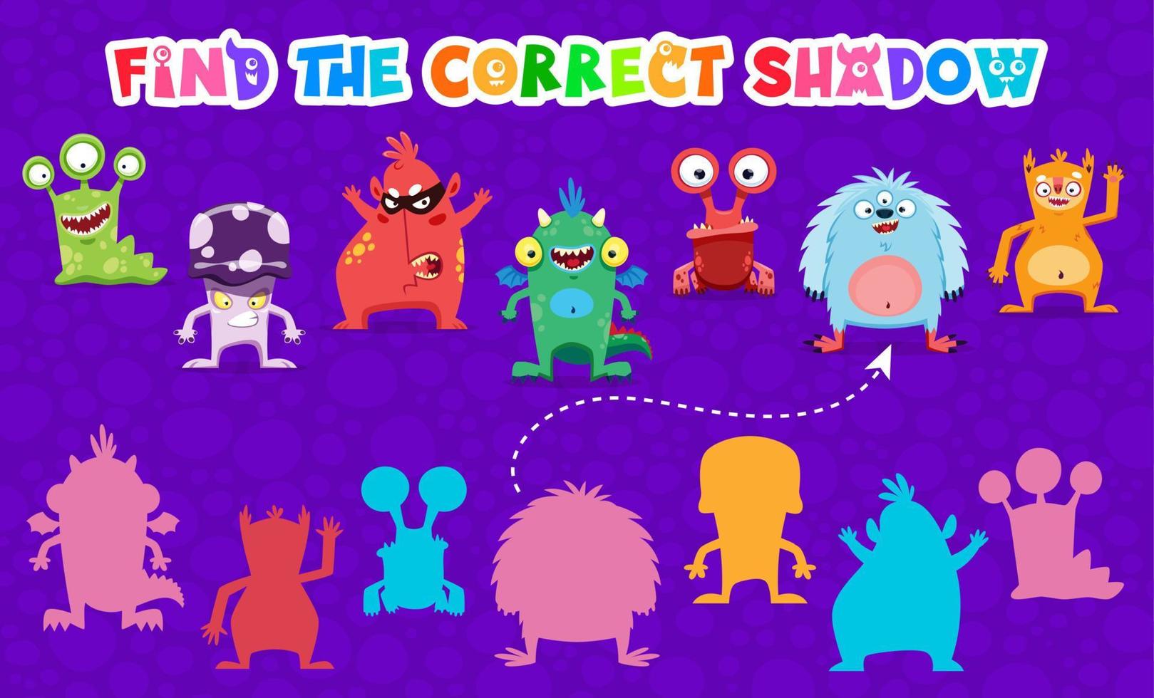 Find correct shadow of cartoon monster characters vector