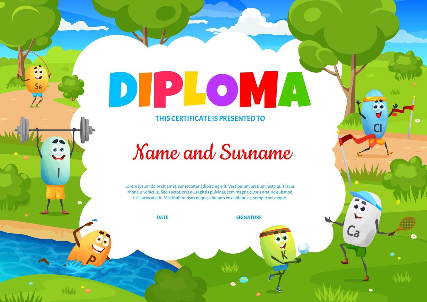 diploma de niños con personajes de micronutrientes de dibujos animados vector