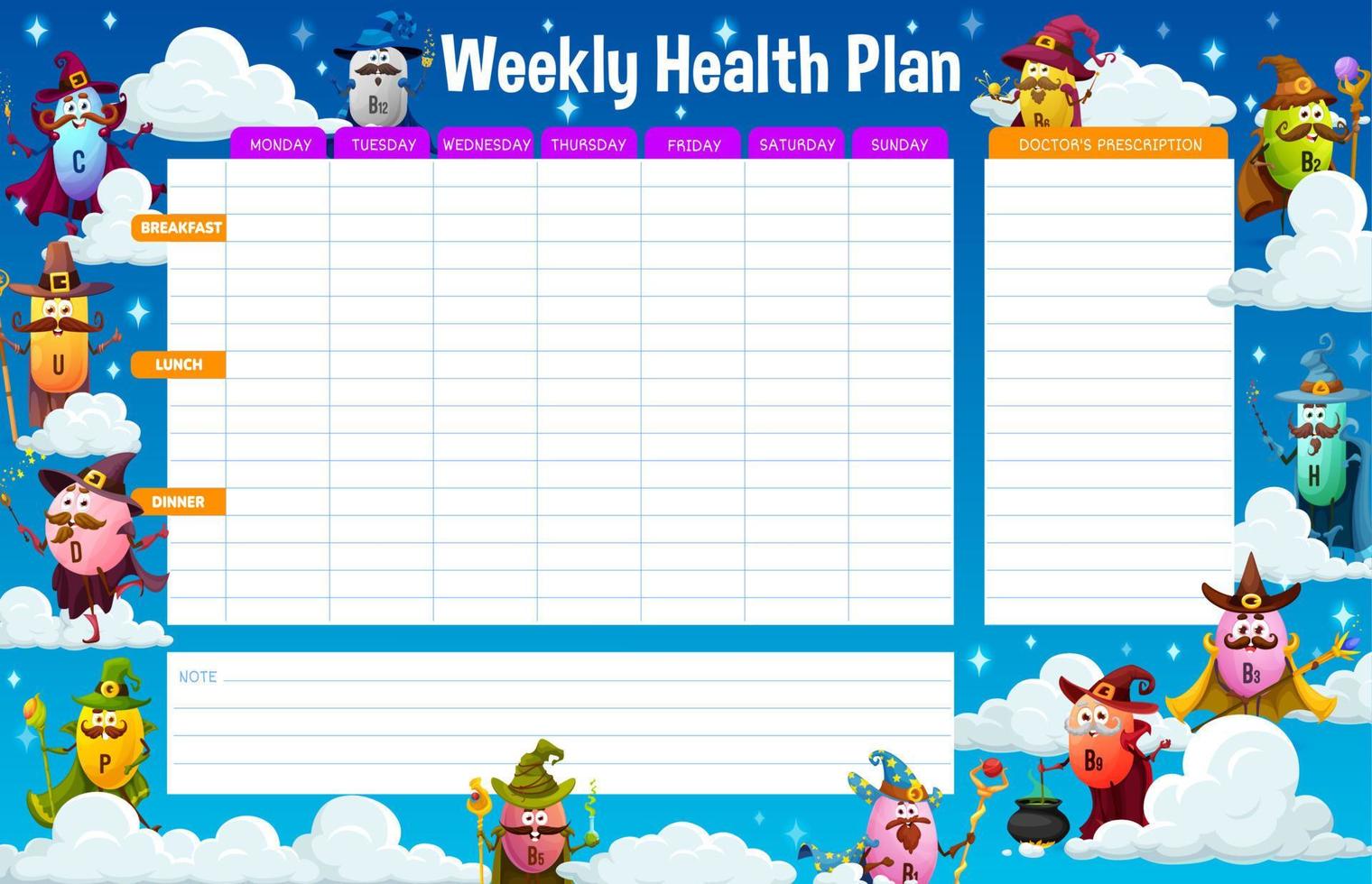 Weekly medication plan, cartoon vitamin wizard vector