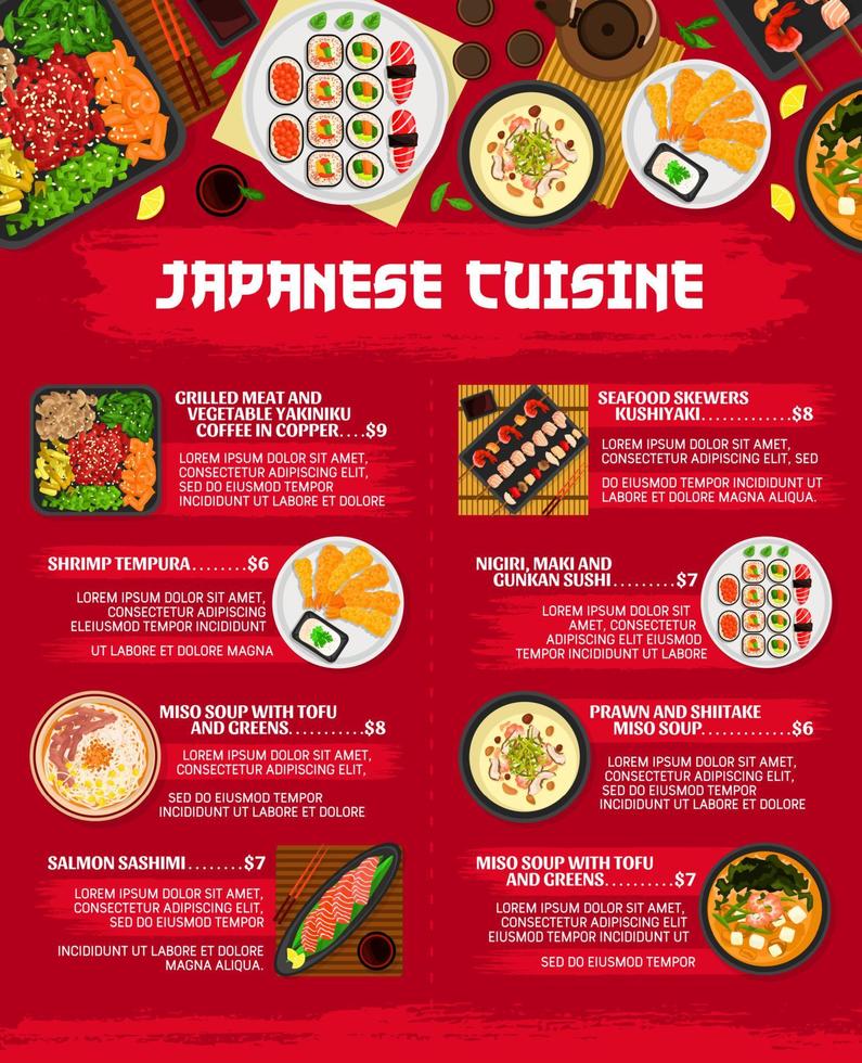 menú de cocina japonesa, platos de restaurante y comidas vector