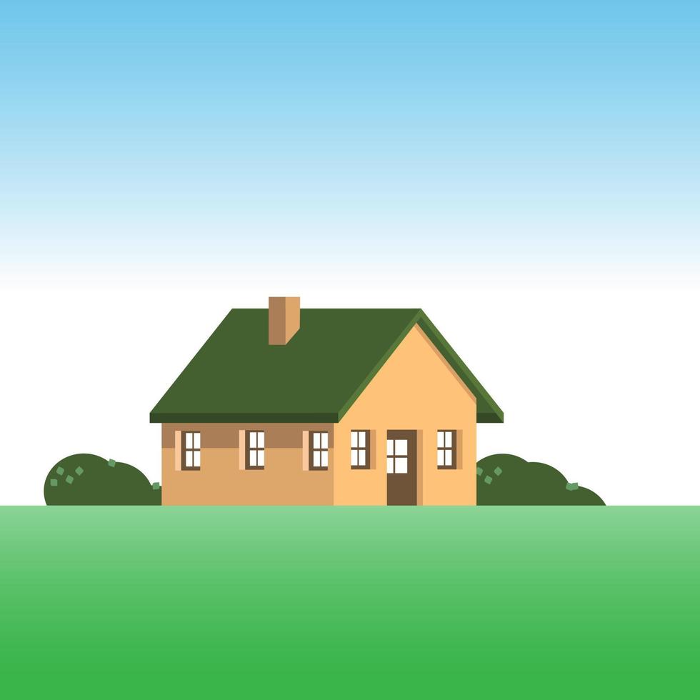 Illustration of a simple house, against a background of blue sky and green grass vector