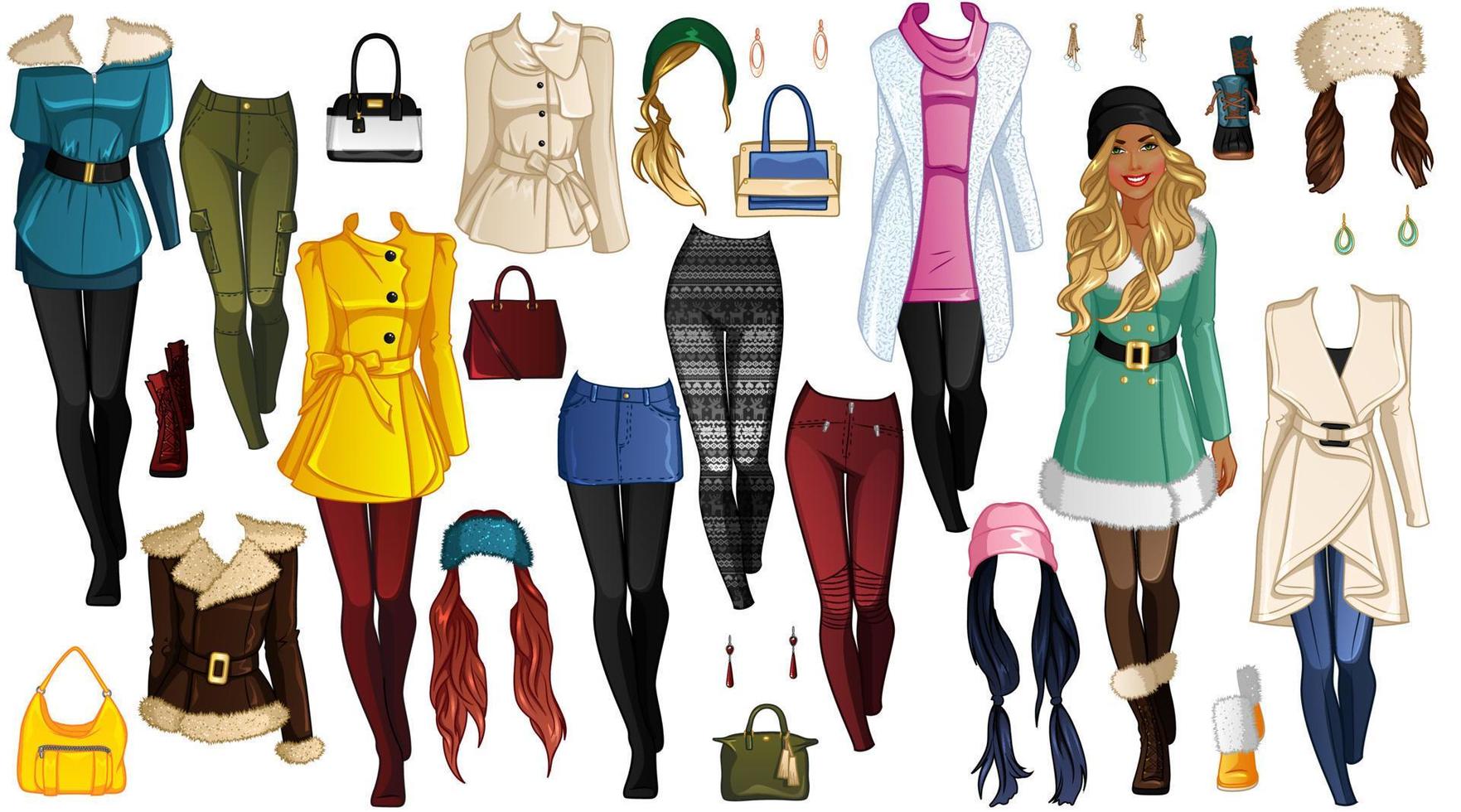 Winter Walk Paper Doll with Beautiful Lady, Outfits, Hairstyles and Accessories. Vector Illustration