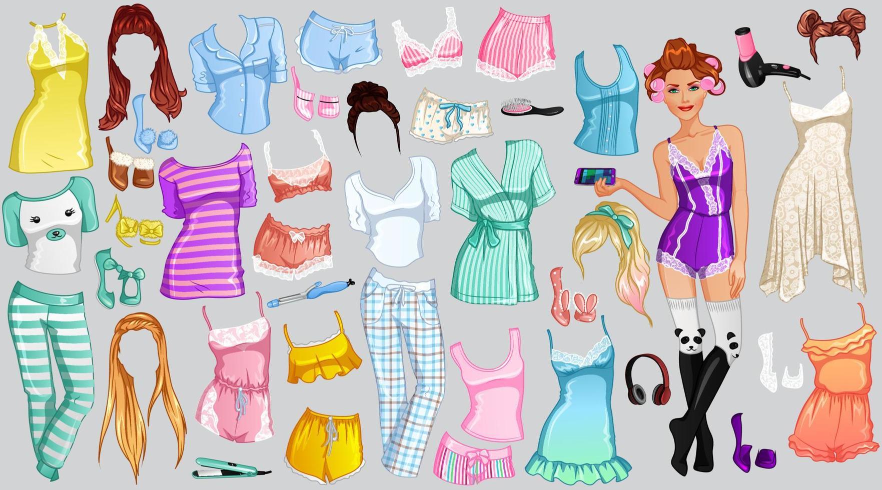 Pyjama Party Paper Doll with Beautiful Lady, Outfits, Hairstyles and Accessories. Vector Illustration
