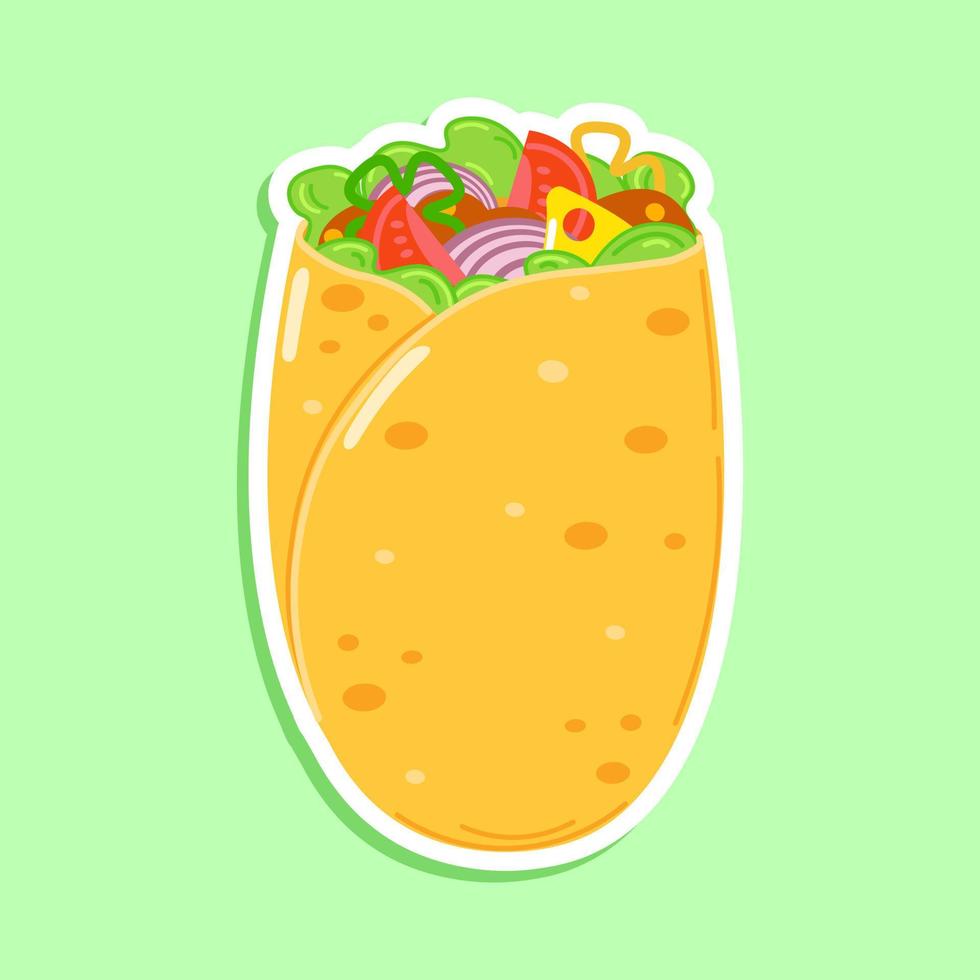 lindo personaje de pegatina de burrito. icono de ilustración de personaje kawaii de dibujos animados dibujados a mano vectorial. aislado sobre fondo blanco. concepto de personaje de pegatina de burrito vector