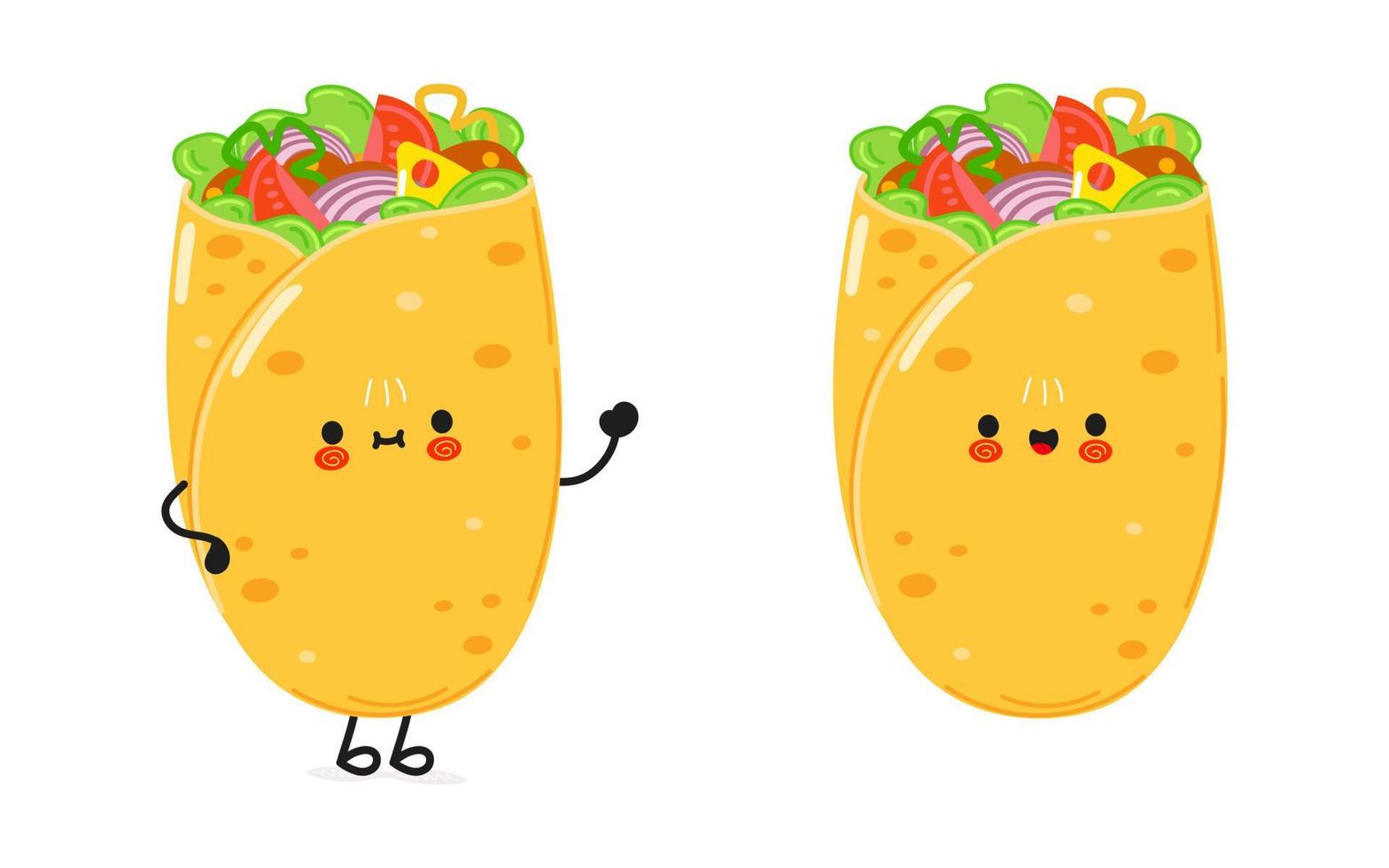 Cute funny burrito waving hand character. Vector hand drawn cartoon kawaii character illustration icon. Isolated on white background. Burrito character concept